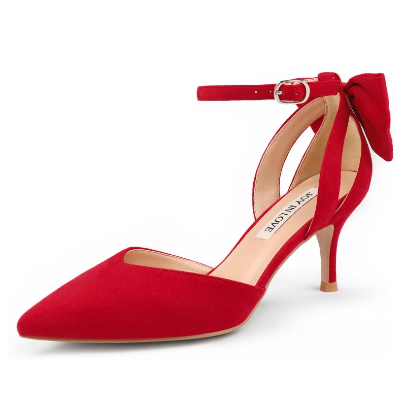 JOY IN LOVE Women's Pumps Kitten Bow Heels Closed Pointed Toe Sandals Ankle Strap Dress Shoes Red Suede US6.5 - Image 1