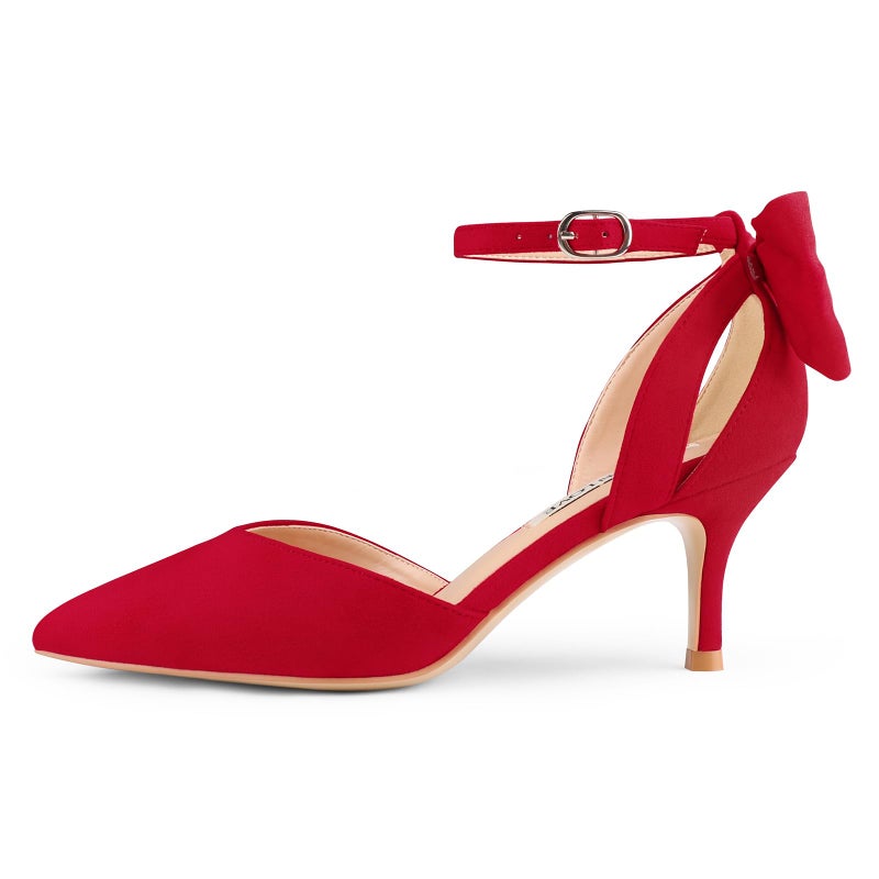 JOY IN LOVE Women's Pumps Kitten Bow Heels Closed Pointed Toe Sandals Ankle Strap Dress Shoes Red Suede US6.5 - Image 4