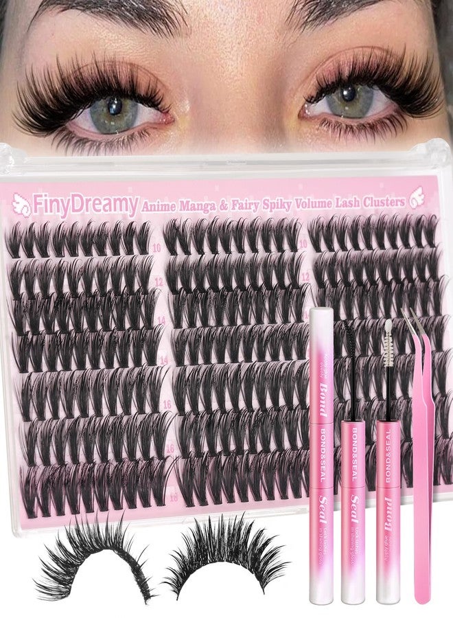 FinyDreamy Manga Lash Clusters Kit Spikes Wispy Cluster Eyelash Extensions Kit Fluffy Fairy Individual Lashes Clusters Anime Volume Lash Extension Natural Lash Bond and Seal(D Curly 10-18mm 210PCS Kit) - Image 1