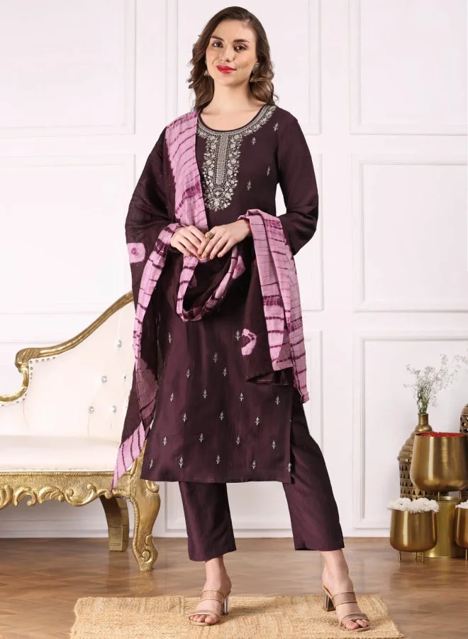 آي شين Women's Plum 100% Cotton Embroidered Straight Fit Kurta Set