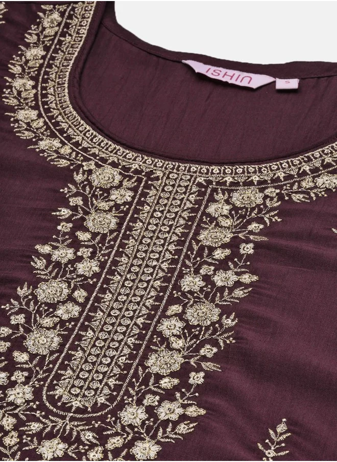 ISHIN Straight Fit Embroidered Pattern Round Neck Three-Quarter Sleeves PLUM Colour Woven Cotton Kurta Set for Women with Semi Elastic Closure - A Timeless Addition to Your Collection