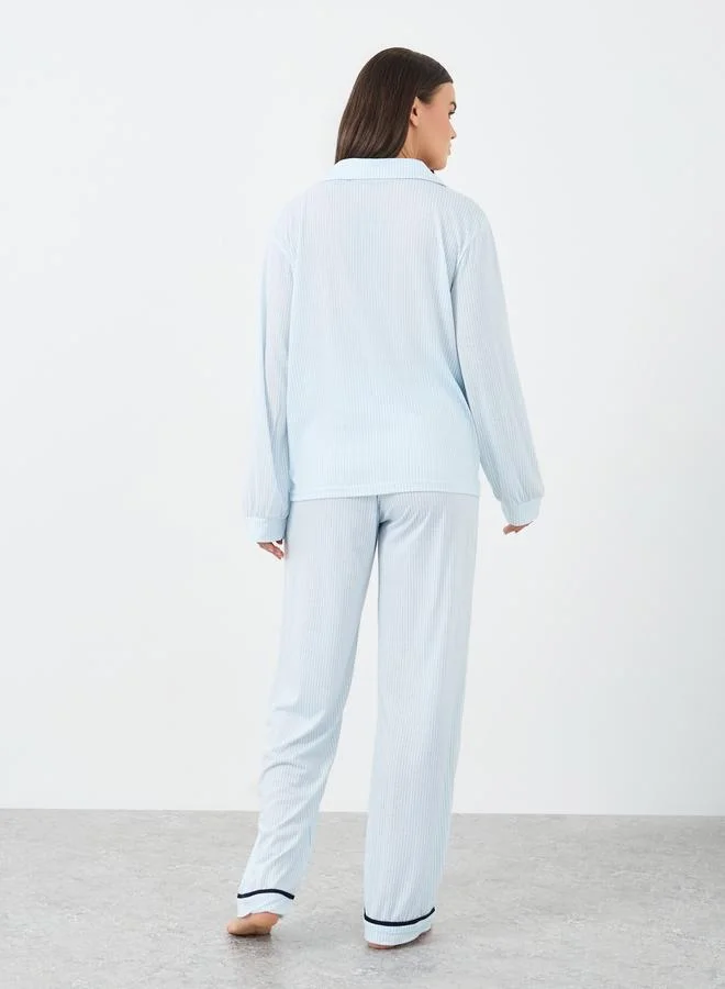 Styli Styli Bow Striped Print Pocket Detail Shirt and Pyjama Set