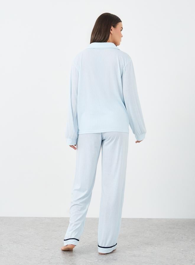 Styli Bow Striped Print Pocket Detail Shirt and Pyjama Set - Image 5