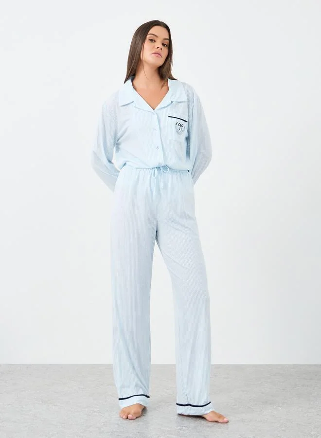 Styli Styli Bow Striped Print Pocket Detail Shirt and Pyjama Set