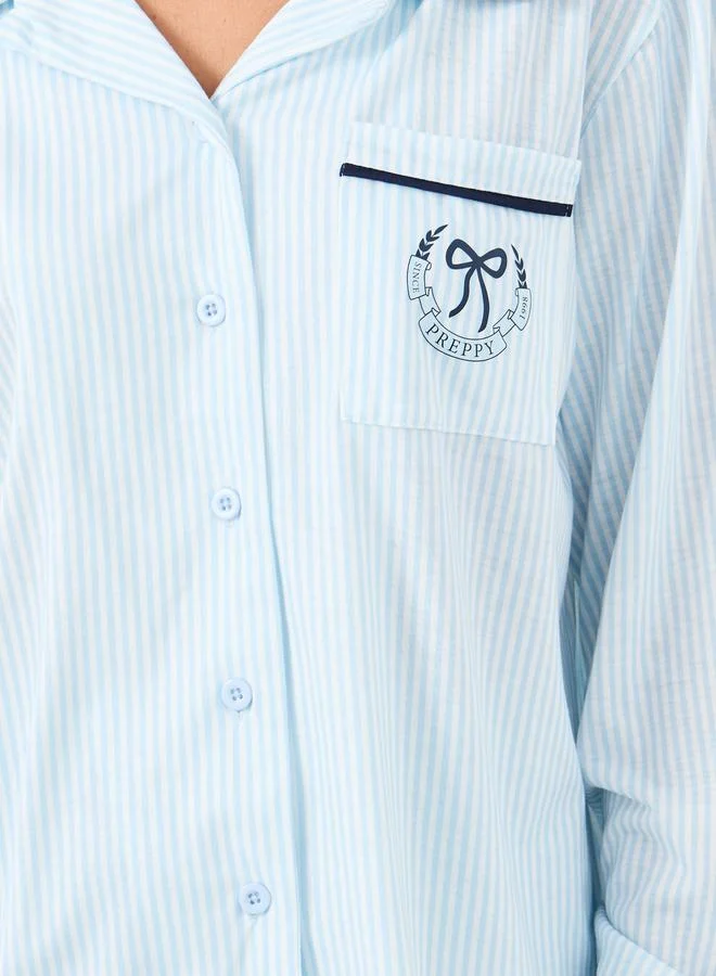 Styli Styli Bow Striped Print Pocket Detail Shirt and Pyjama Set