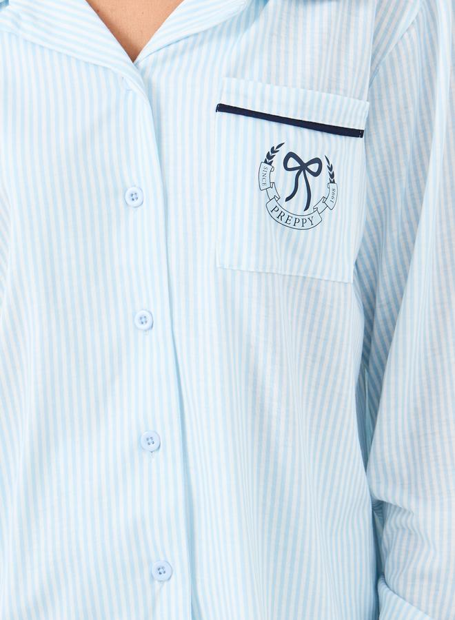 Styli Bow Striped Print Pocket Detail Shirt and Pyjama Set - Image 4