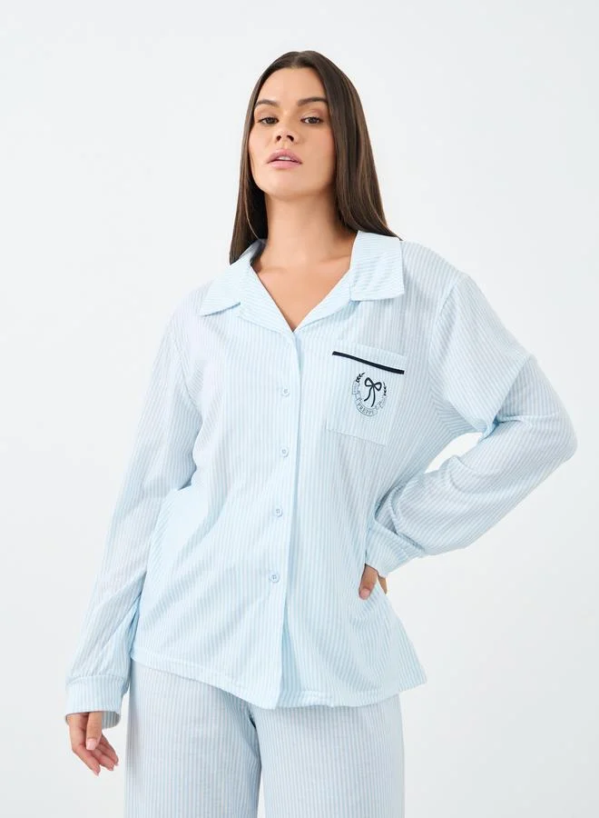ستايلي Styli Bow Striped Print Pocket Detail Shirt and Pyjama Set