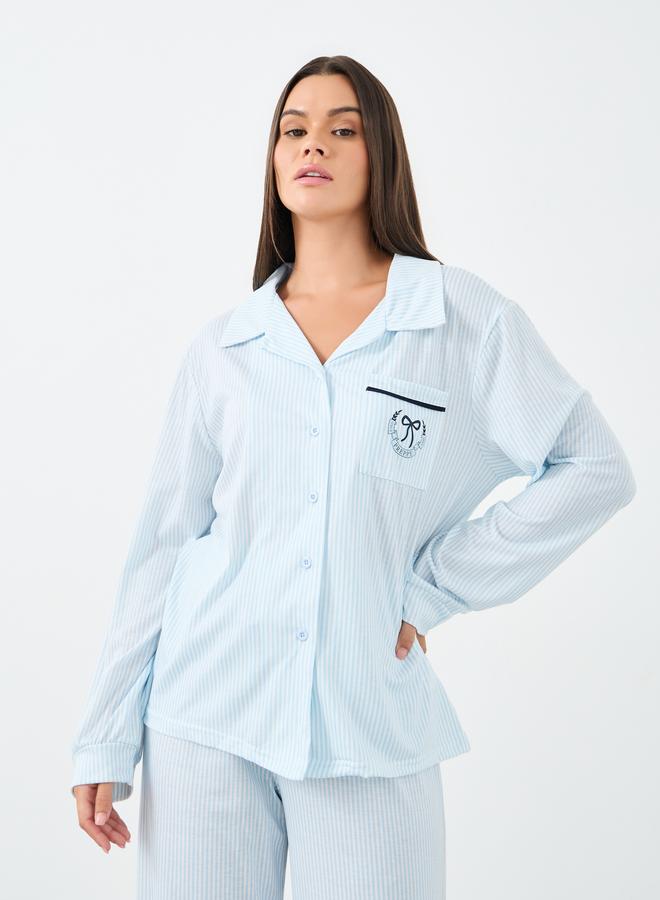 Styli Bow Striped Print Pocket Detail Shirt and Pyjama Set - Image 2