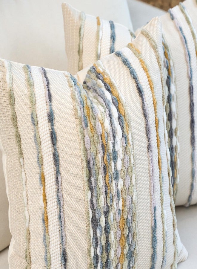 Aeckself Boho Pillow Covers 18x18 Inch Set of 2, Farmhouse Decorative Striped Square Chenille Tufted Accent Neutral Throw Pillow Covers for Living Room Couch Bed, Gray Blue - Image 2