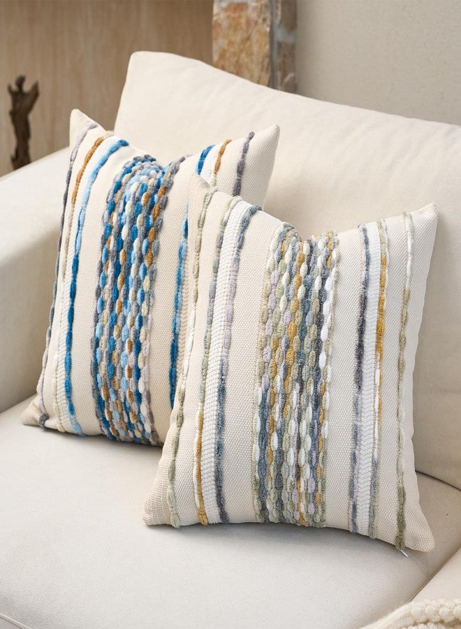 Aeckself Boho Pillow Covers 18x18 Inch Set of 2, Farmhouse Decorative Striped Square Chenille Tufted Accent Neutral Throw Pillow Covers for Living Room Couch Bed, Gray Blue - Image 4