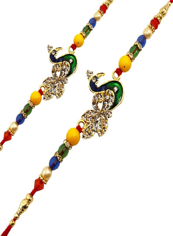 brown leaf® Very Beautiful Premium Peacock Rakhi Bracelets With White Stone Work For Brother & Family Combo (Set Of 2) - Image 1
