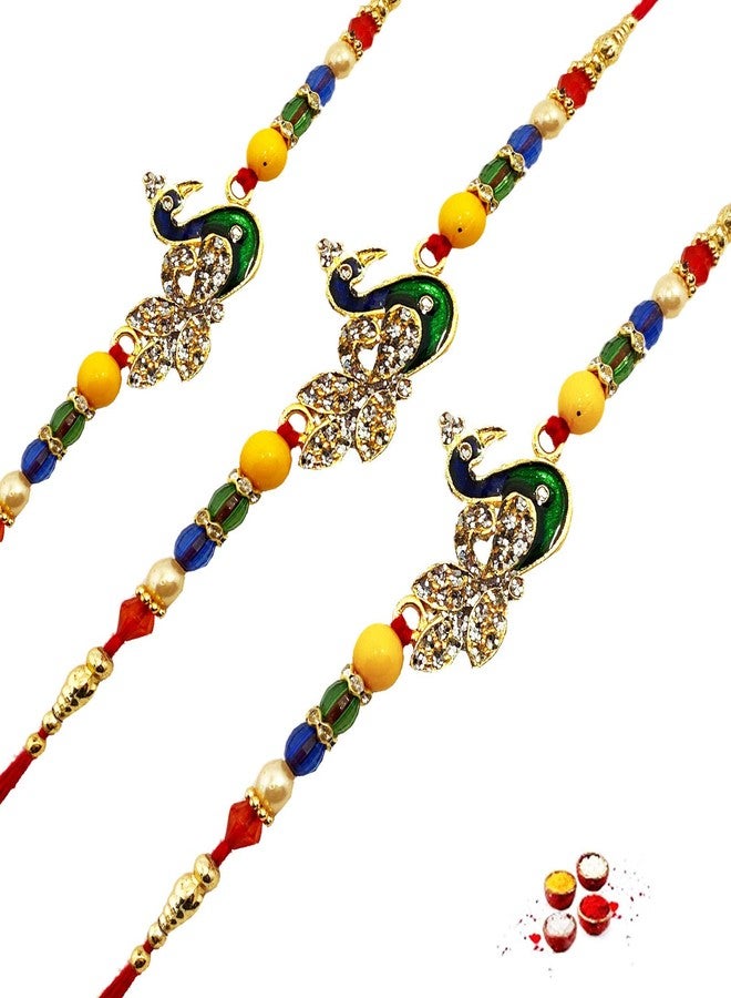 brown leaf® Very Beautiful Premium Peacock Rakhi Bracelets With White Stone Work For Brother & Family Combo (Set Of 2) - Image 3