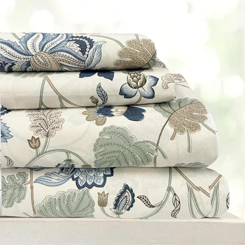 ElanorHomes Cotton Double King Size Bedsheet | Hand Printed | Ultra-Soft & Skin-Safe | Breathable Summer Comfort | 90x108 inches with 2 Pillow Covers (Sapphire Petal) - Image 1