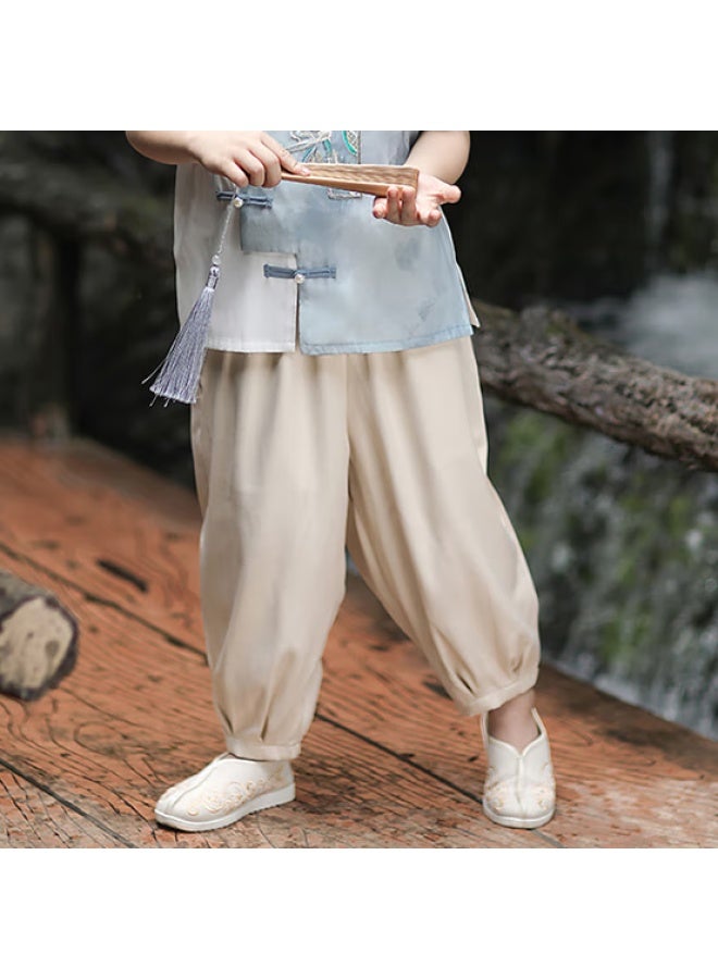 Flag Platinum Qibo Hanfu Boys' Spring And Autumn Children's New Chinese Style National Fashion Ancient Style Tang Suit, Apricot Long Pants , Size 110 - Image 1