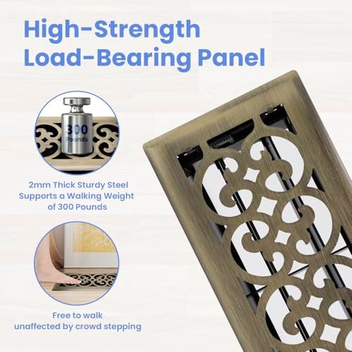 Howeall 4x10 Inches 2 Pack Heavy Duty Walkable Floor Register Easy Adjust Air Supply Lever Floor Vents Charlotte Design Vent Cover for Home Floor Antique Brass - Image 3