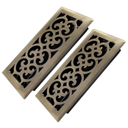 Howeall 4x10 Inches 2 Pack Heavy Duty Walkable Floor Register Easy Adjust Air Supply Lever Floor Vents Charlotte Design Vent Cover for Home Floor Antique Brass - Image 1
