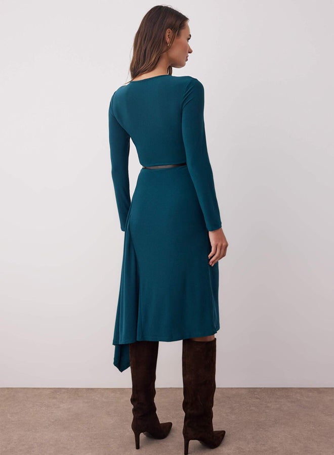 trendyol Petrol ALine/ALine Open Waistband Detail Crew Neck Flexible Maxi Knitted Dress - Image 4