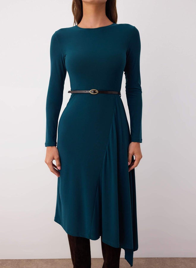 trendyol Petrol ALine/ALine Open Waistband Detail Crew Neck Flexible Maxi Knitted Dress - Image 3