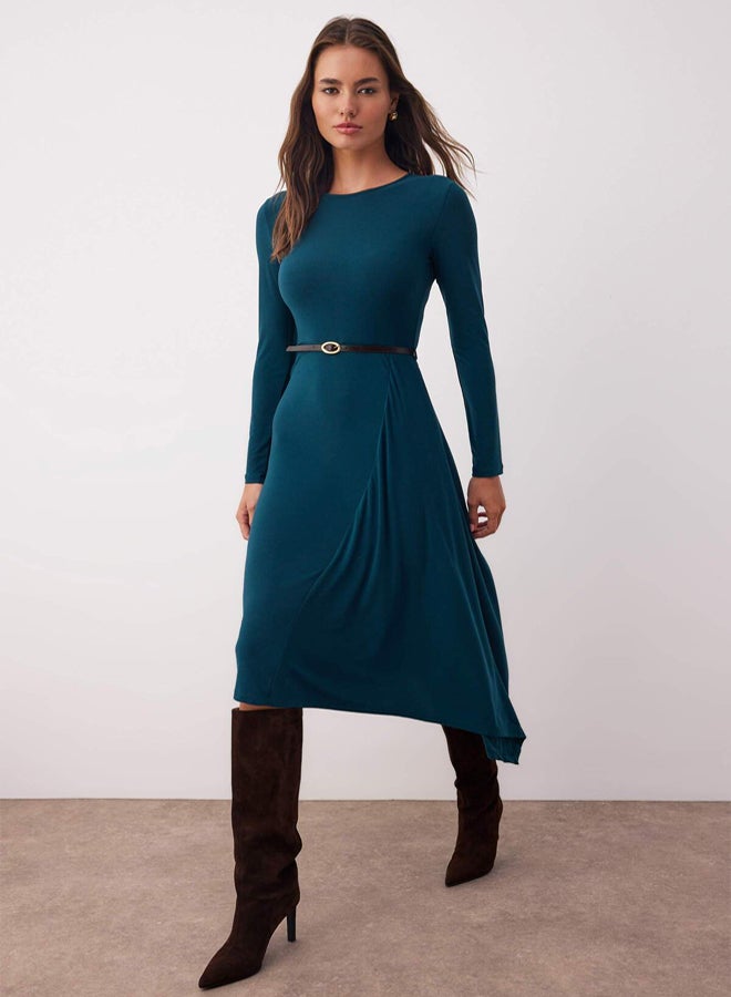 trendyol Petrol ALine/ALine Open Waistband Detail Crew Neck Flexible Maxi Knitted Dress - Image 1