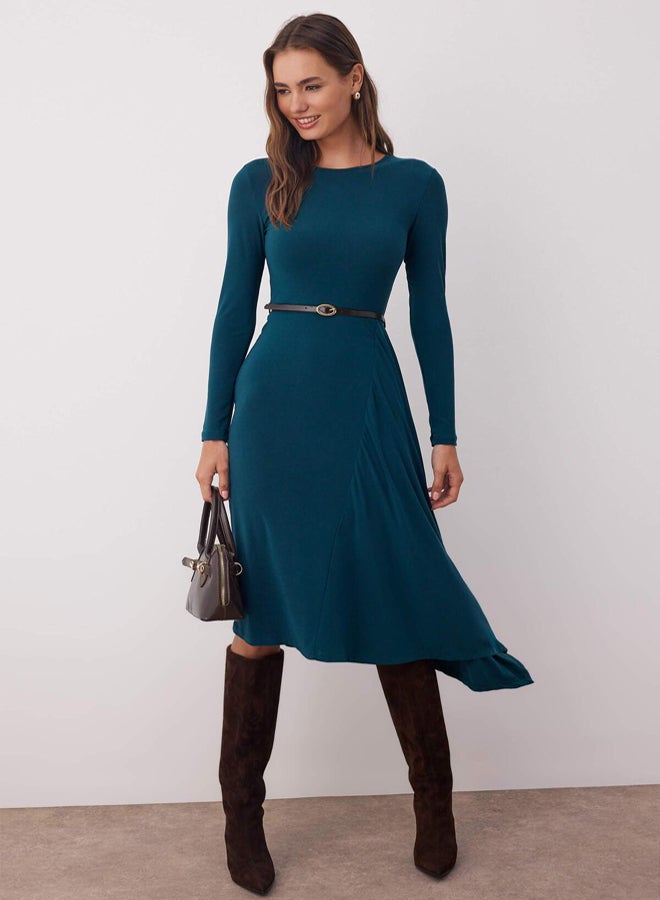 trendyol Petrol ALine/ALine Open Waistband Detail Crew Neck Flexible Maxi Knitted Dress - Image 2