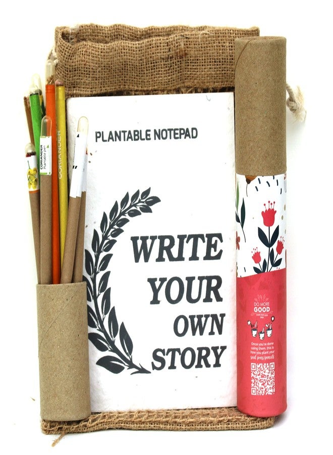 bioq Plantable Stationery Combo, 4 Seed Pen + 4 Seed Pencil in a Box + 1 Hand-Made Seed-Paper Notepad with Eco Friendly Jute Bag Packaging - Image 1