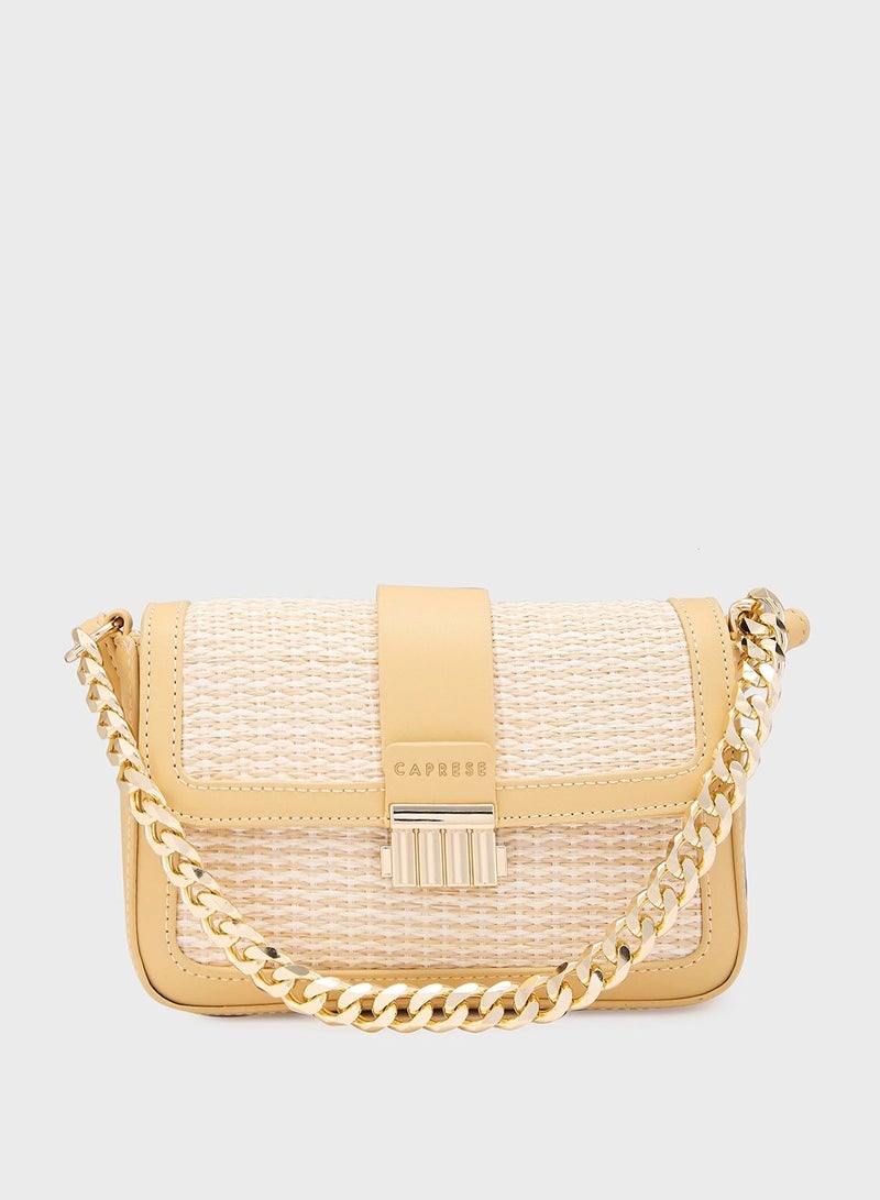 Caprese Georgia Sling Small Yellow Stylish crossbody sling bag with raffia finish, adjustable strap, ideal for casual outings - Image 1