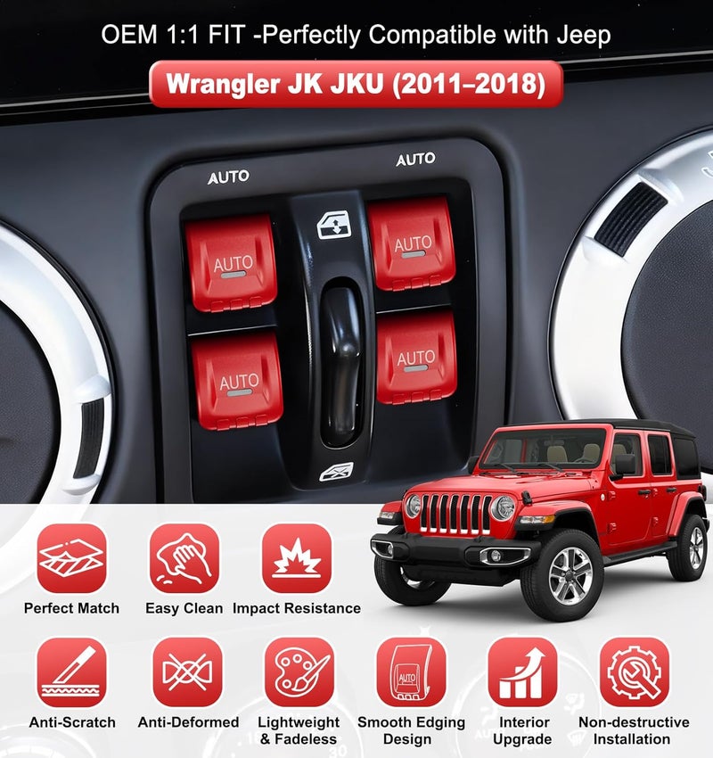 Eamplest Upgrade Metal Window Switch Button Cover Fit for Jeep Wrangler JK JKU 2018 2017 2016 2015 2014 2013 2012 2011 Accessories,Interior Trim Kit 4PCS (Red) - Image 3