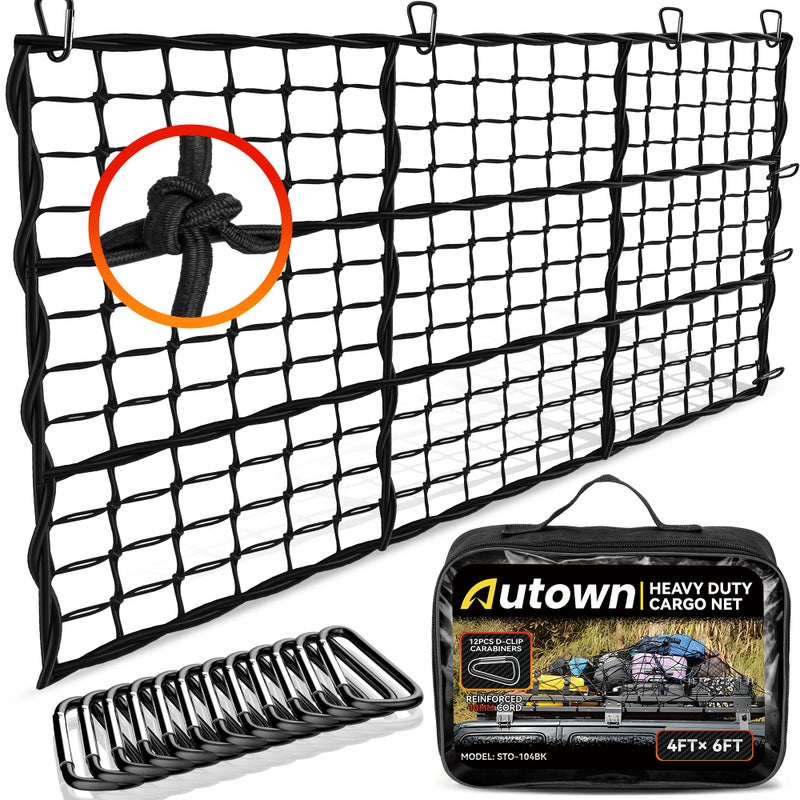 AUTOWN Cargo Net for Pickup Truck Bed - Stretchable 4' x 6' to 8' x 12' with 4" x 4" Mesh, Heavy Duty 10mm Cord Bungee Bed Netting with 12 Metal Carabiners - Ideal for ATV, SUV, UTV and Truck - Image 1