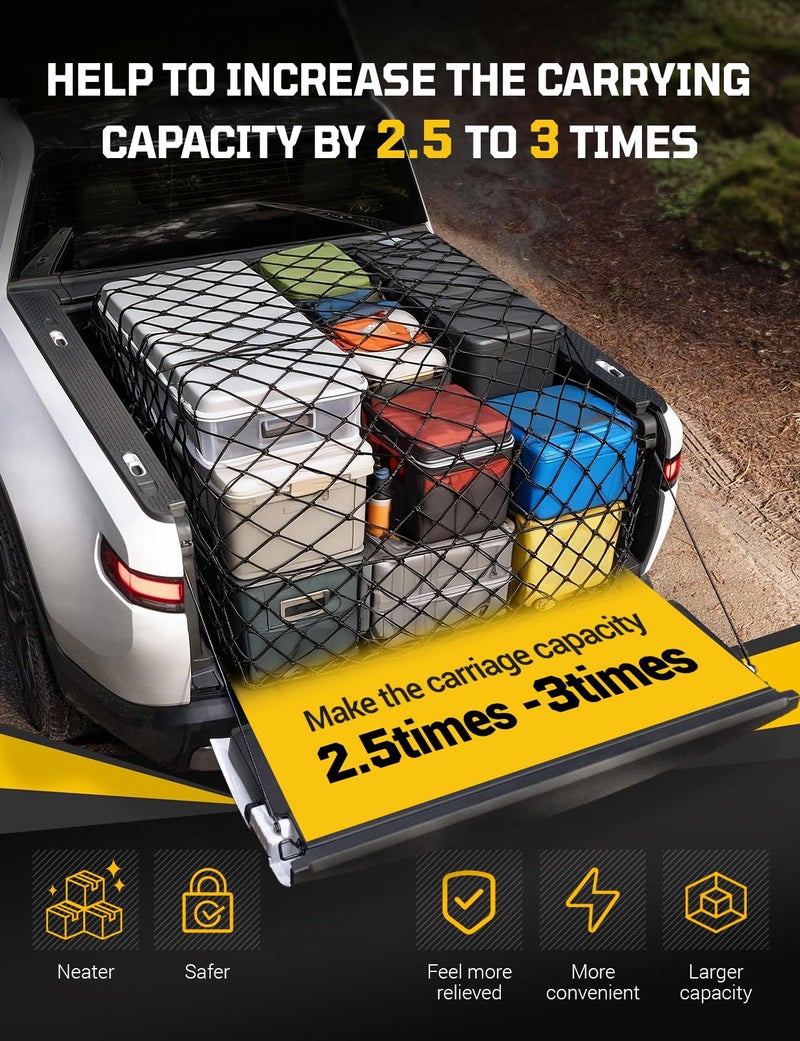 AUTOWN Cargo Net for Pickup Truck Bed - Stretchable 4' x 6' to 8' x 12' with 4" x 4" Mesh, Heavy Duty 10mm Cord Bungee Bed Netting with 12 Metal Carabiners - Ideal for ATV, SUV, UTV and Truck - Image 2