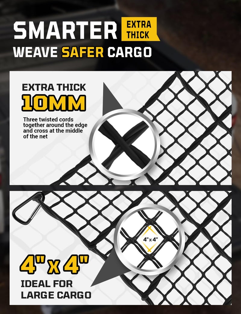 AUTOWN Cargo Net for Pickup Truck Bed - Stretchable 4' x 6' to 8' x 12' with 4" x 4" Mesh, Heavy Duty 10mm Cord Bungee Bed Netting with 12 Metal Carabiners - Ideal for ATV, SUV, UTV and Truck - Image 5