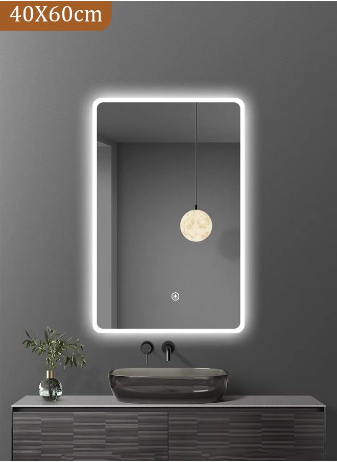 مرآة حمام مستطيلة مع أضواء LED مرآة مثبتة على الحائط مرآة حمام LED قابلة لتغيير اللون مع مفتاح لمس 40 × 60 سم
