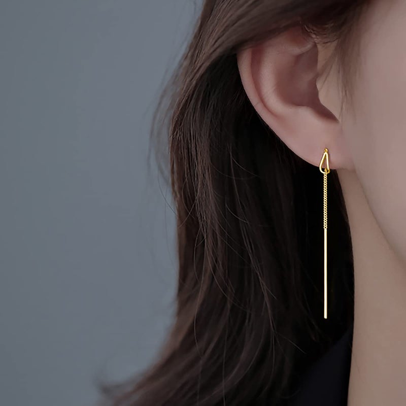 SLUYNZ 925 Sterling Silver Chain Threader Earrings Dangle for Women Teen Girls Long Dangle Earrings Line Earrings Tassel (B-Gold) - Image 3