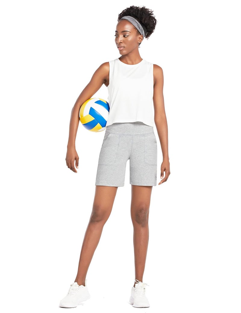 baleaf Women's 7" Athletic Long Shorts High Waisted Running Bermuda Shorts with Pockets Light Gray Medium - Image 5