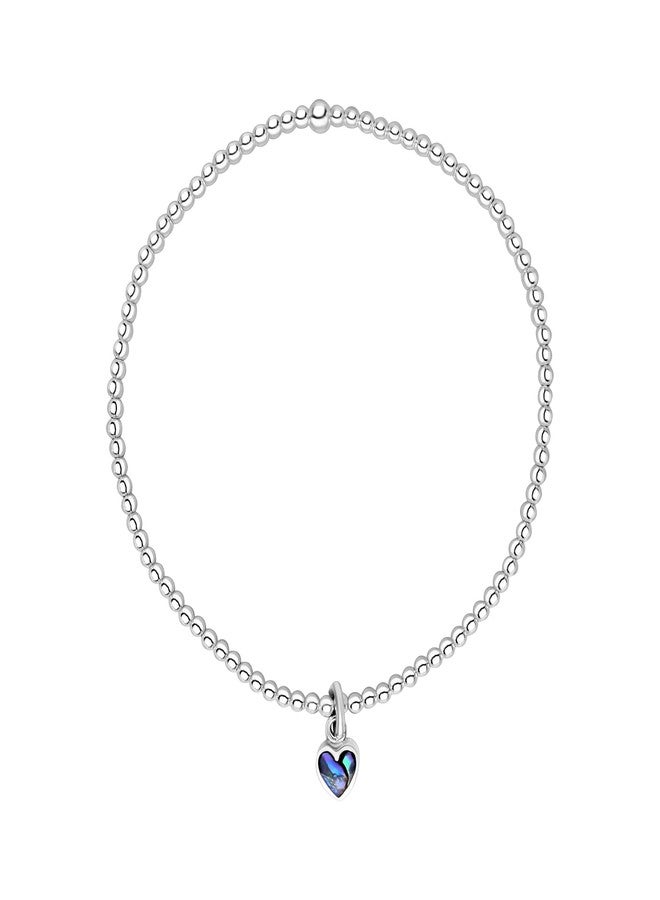 Silverly Sterling Silver Abalone Heart Ball Bead Stretch Bracelet - Stacking Beaded Ball Bracelets for Women - Boho Blue Gemstone Jewelry - Friendship Gift for Her - Beach Accessory - Image 1