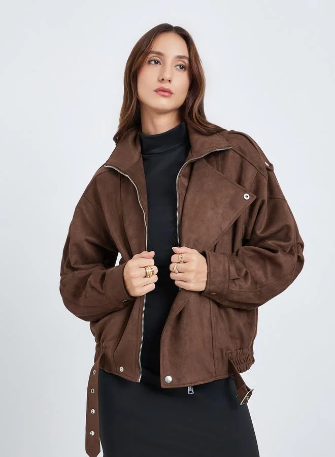 Take Two Women Oversized Suede Look Belted Jacket