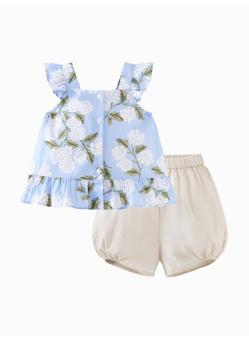 ميني بالا نقطة أزرار طفل زبائن بصمام زهور حار بأكمام بدون أكمام وبيزنيس، قطعة ناعمة وقابلة للتنفس، تفاصيل زخرفة على الكتف، أسفل بأربطة مرنة، مثالية للارتداء اليومي وللتوازنات والمرح الخارجي مجموعة فستان طفل - Image 4