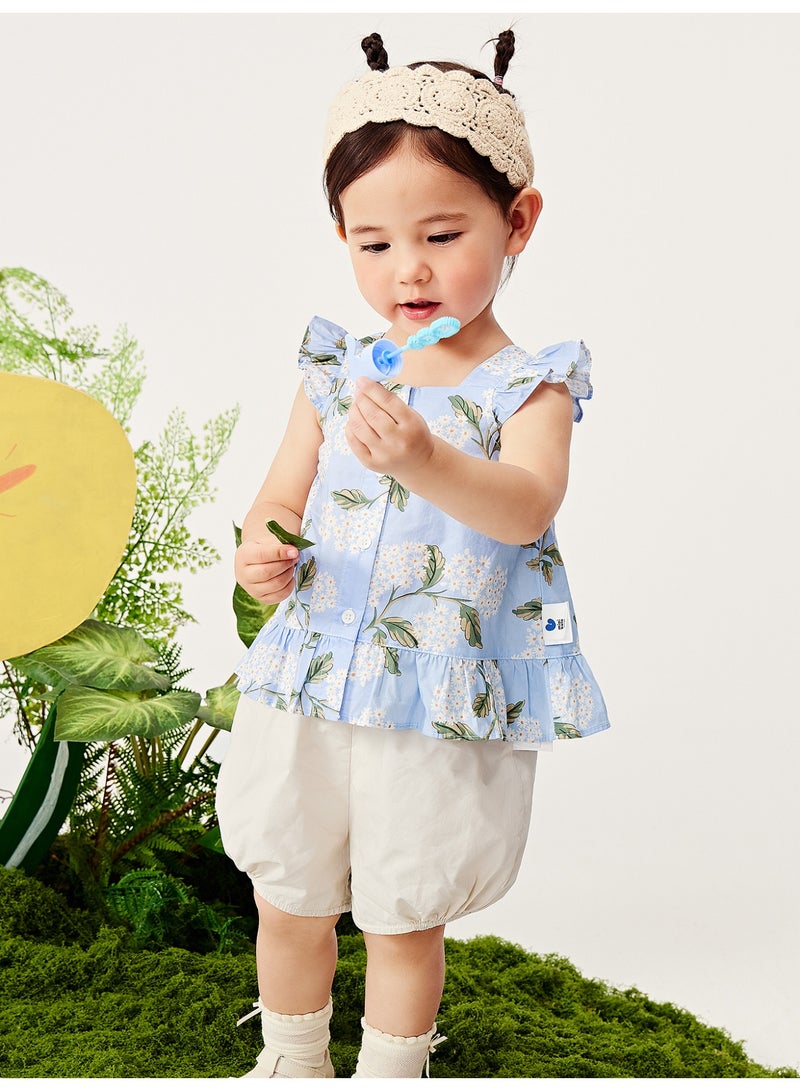 ميني بالا نقطة أزرار طفل زبائن بصمام زهور حار بأكمام بدون أكمام وبيزنيس، قطعة ناعمة وقابلة للتنفس، تفاصيل زخرفة على الكتف، أسفل بأربطة مرنة، مثالية للارتداء اليومي وللتوازنات والمرح الخارجي مجموعة فستان طفل - Image 2