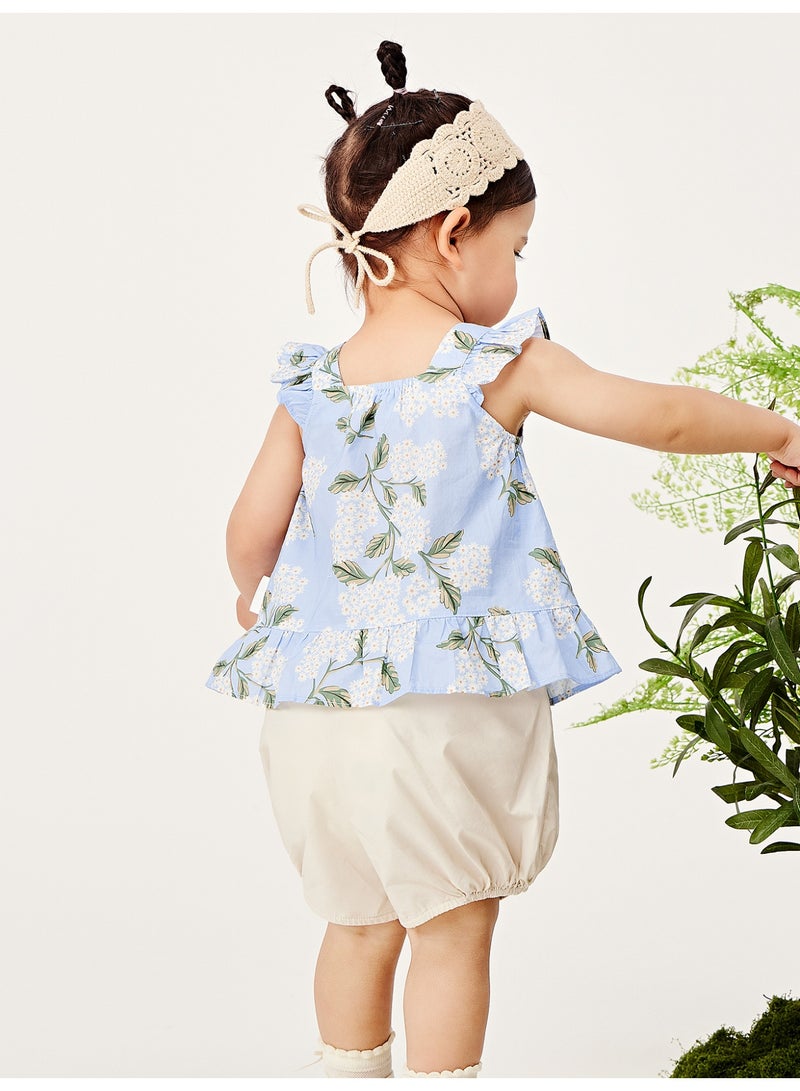 ميني بالا نقطة أزرار طفل زبائن بصمام زهور حار بأكمام بدون أكمام وبيزنيس، قطعة ناعمة وقابلة للتنفس، تفاصيل زخرفة على الكتف، أسفل بأربطة مرنة، مثالية للارتداء اليومي وللتوازنات والمرح الخارجي مجموعة فستان طفل - Image 3