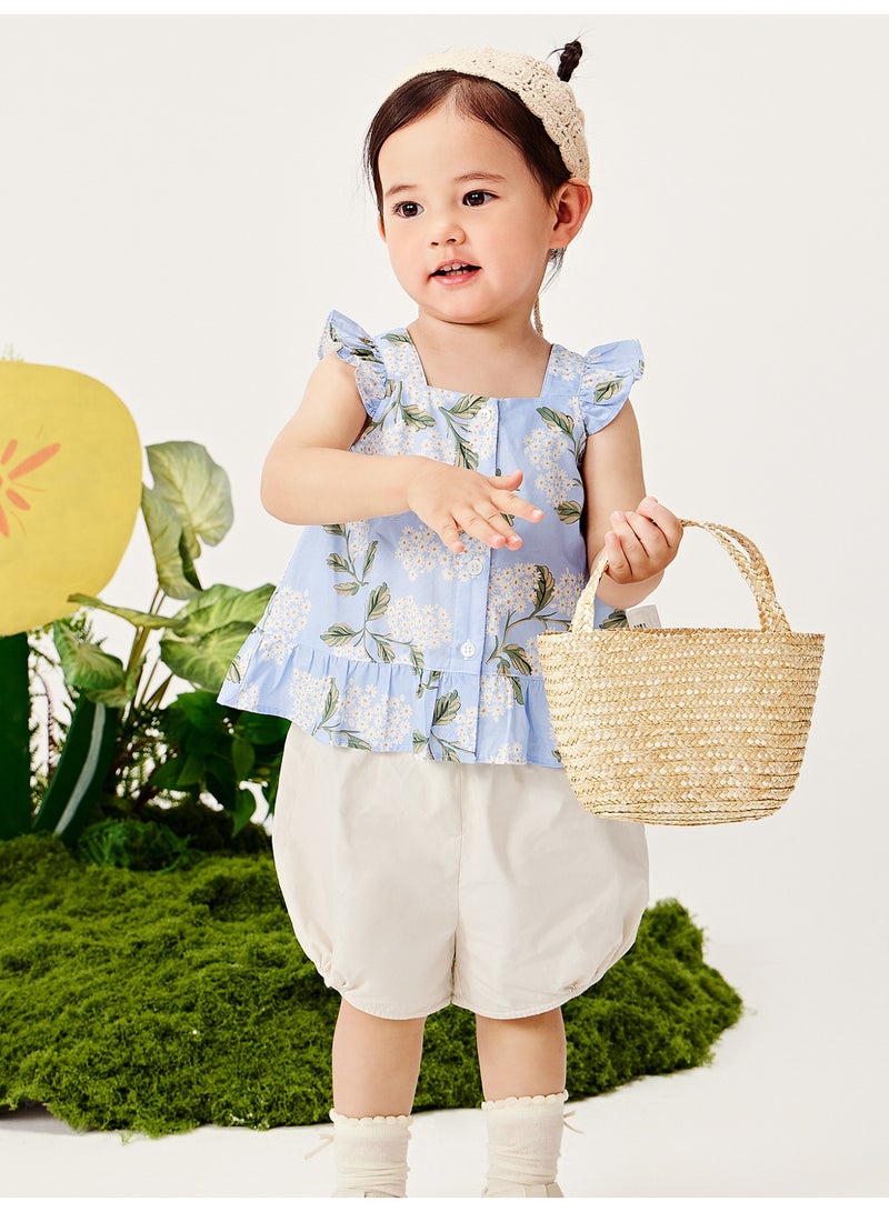 ميني بالا نقطة أزرار طفل زبائن بصمام زهور حار بأكمام بدون أكمام وبيزنيس، قطعة ناعمة وقابلة للتنفس، تفاصيل زخرفة على الكتف، أسفل بأربطة مرنة، مثالية للارتداء اليومي وللتوازنات والمرح الخارجي مجموعة فستان طفل - Image 1