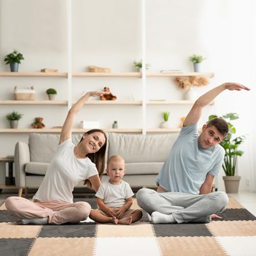 ZENOWICK 36 Pcs Plush Interlocking Carpet Tiles NonToxic Foam Carpet Tile for Toddler Baby AntiSlip EVA Foam Interlocking Tiles for Floor Nursery Playroom Grey White Light Brown - Image 5