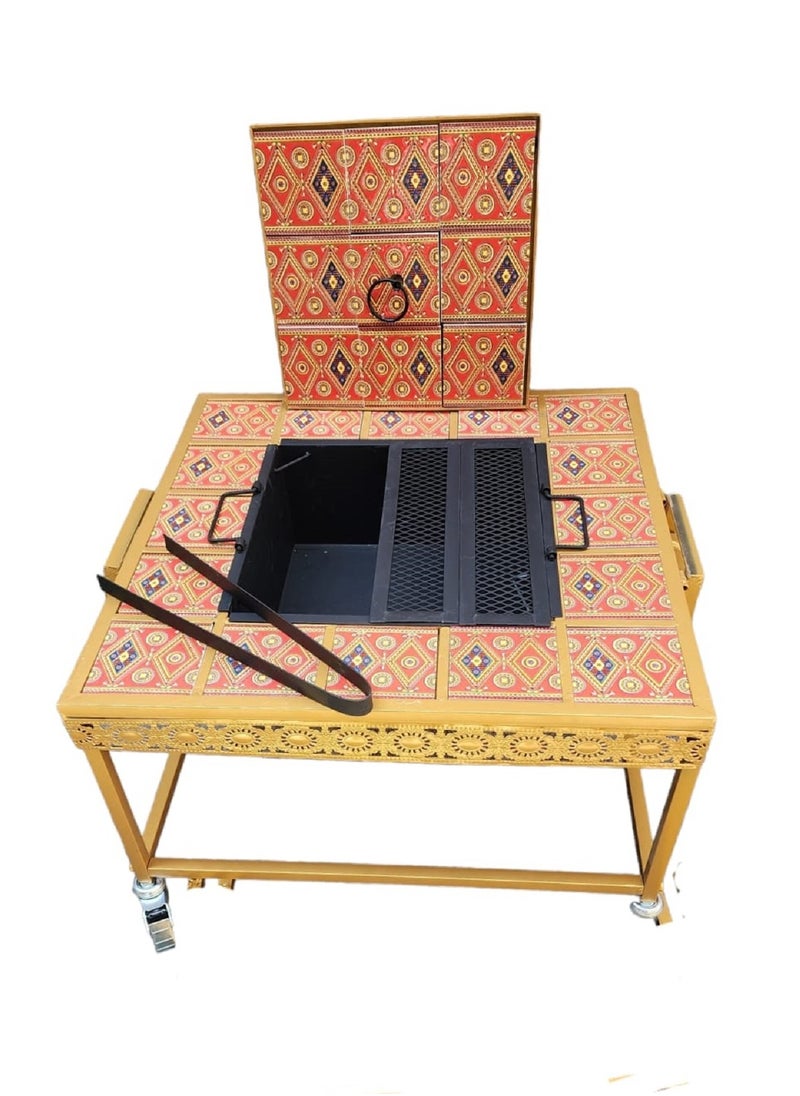 Omega Arabic Barbecue Table Fire Pit With Garden Charcoal Grill And Wheels Attached Legs 