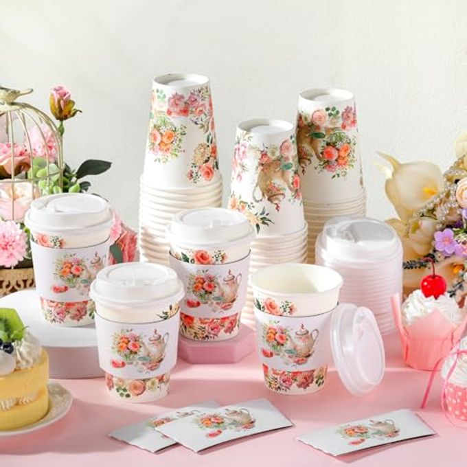 Vesici 60Pcs Tea Party Decorations 14Oz Disposable Coffee Cups With Lids And Sleeves Pink Floral Teapot Pattern Coffee Cups For Spring Summer Wedding Bridal Shower Garden Birthday Party Decor Supplies - Image 2