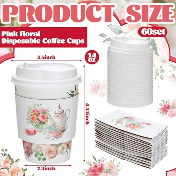 Vesici 60Pcs Tea Party Decorations 14Oz Disposable Coffee Cups With Lids And Sleeves Pink Floral Teapot Pattern Coffee Cups For Spring Summer Wedding Bridal Shower Garden Birthday Party Decor Supplies - Image 3