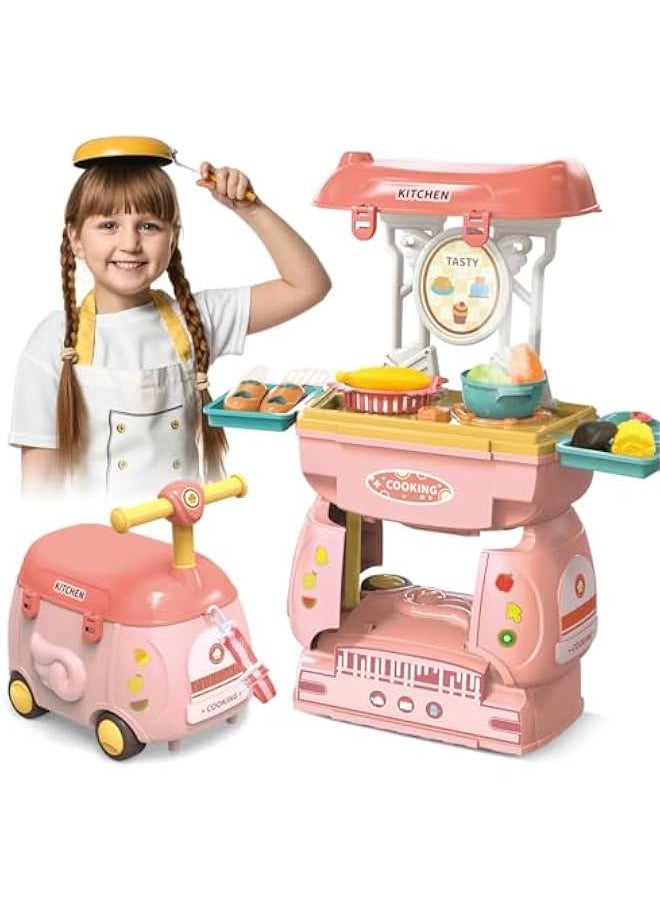 HOOKOR 2 in 1 Simulation Kitchen Tableware Toy,Pulley Car play Cart Kit for Kids 3 4 5, Cooking Play Table Set Realistic Toddlers Toys for Boys Girls 2-5 (Cooking Play)  - Image 1