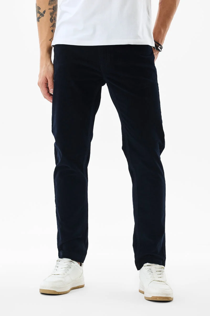 SNITCH Navy Blue Textured Slim Fit Casual Trousers