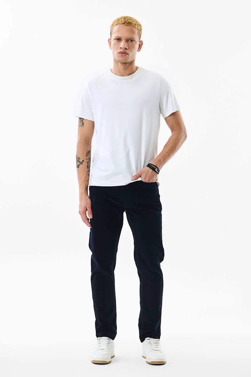 SNITCH Navy Blue Textured Slim Fit Casual Trousers