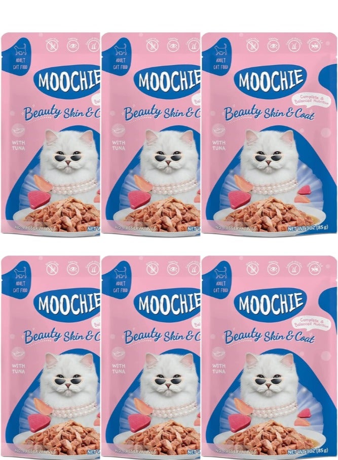 Moochie طعام قطط رطب بنكهة التونة للقطط البالغة  - 6 قطع بوزن 70 جرام - يعزز جمال البشرة والفرو - Image 1