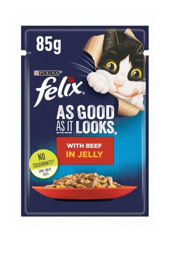 فيلكس As Good As It Looks Wet Food with Beef in Jelly for Adult Cats 85G