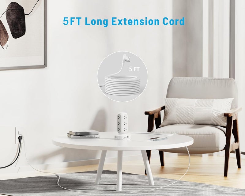TenTrend Power Strip with Tower Surge Protector, Flat Plug Extender with 12 AC Outlets and 8 USB Ports, 5 Feet Extension Cord with Multiple Outlets, Total Charging Station - Image 5