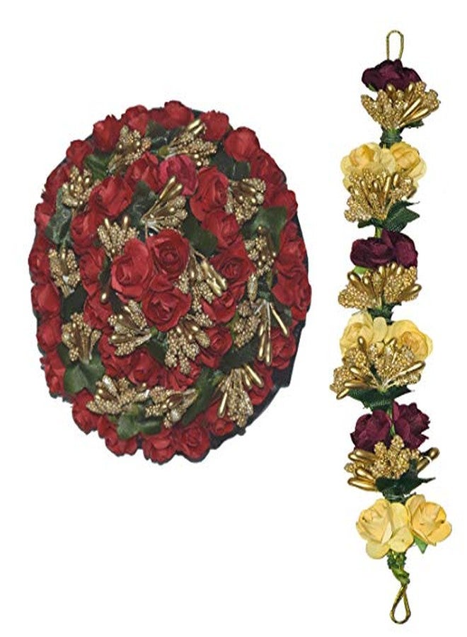 Arooman™ Full Red Juda Bun Hair Flower Gajra and Multi Color gajra Combo for Wedding and Party - Image 1